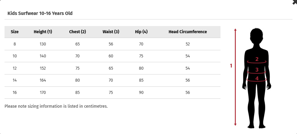 Rip Curl Junior Rash Vest 23 (Image) 0 Size Chart